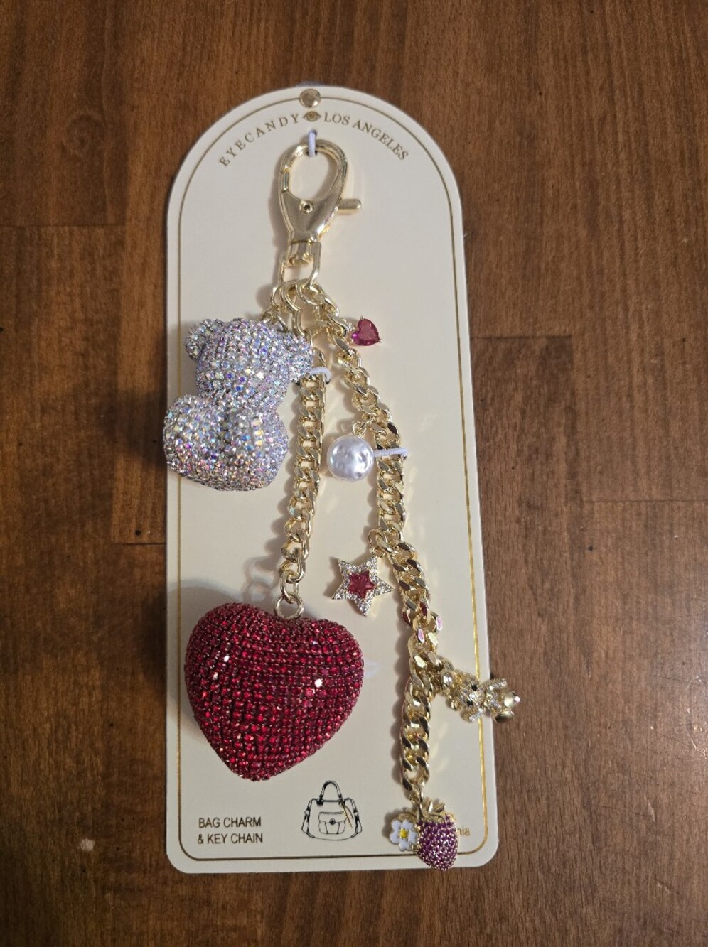 eye candy Gold Chain Key Chain with Red and Iridescent Heart Charms